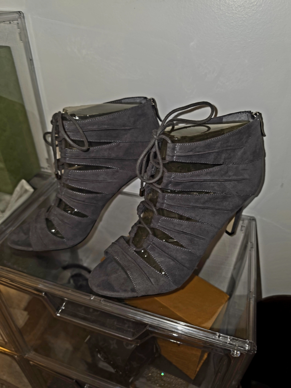 BCBG Lace-Up Cutout Heeled Booties - Gray - Back Zipper